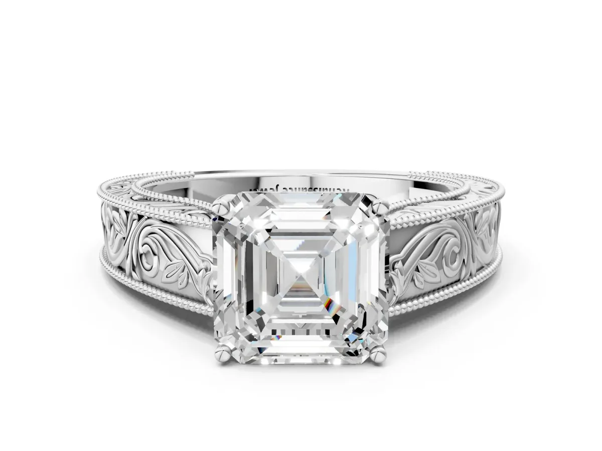 Asscher Cut Diamond Solitaire Ring with Engraved Band and Four-Prong Setting Platinum