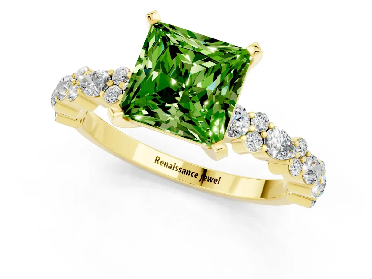 Princess Cut Peridot Side Stone Solitaire Ring with Round and Four-Prong Setting Yellow gold