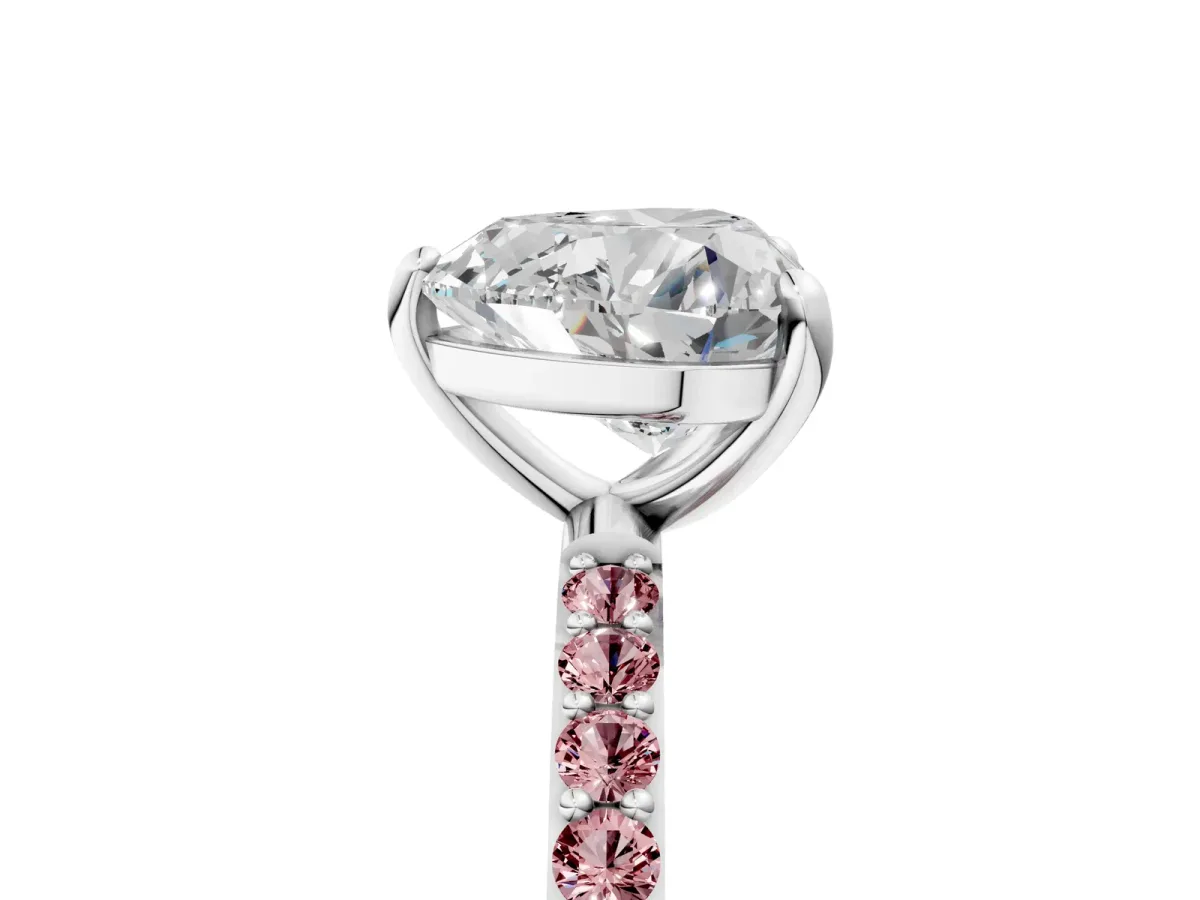 Heart Cut Diamond Solitaire Ring with Round Morganite Pavé Band and Prong Setting Silver