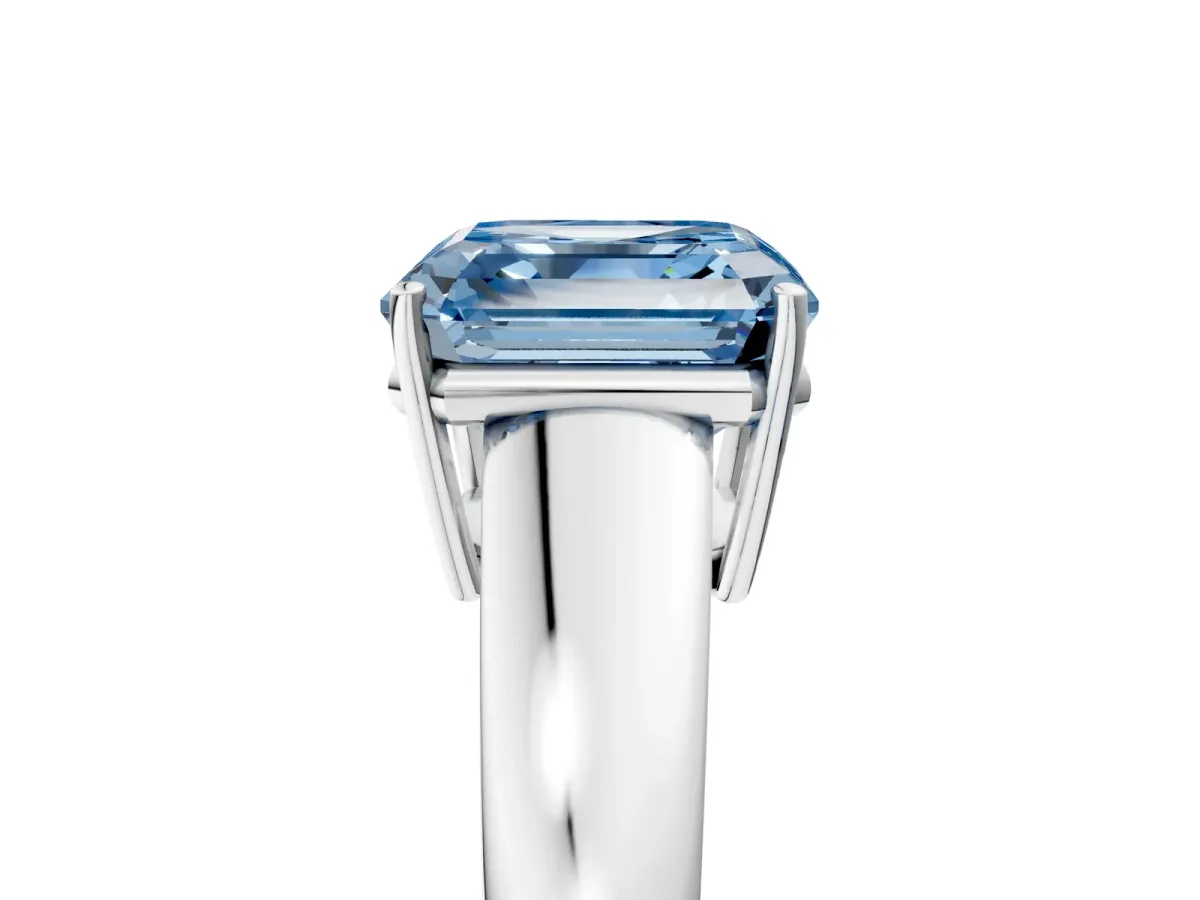 Fancy Blue Asscher Cut Solitaire Diamond Ring with Tapered Band and Four-Prong Setting Platinum