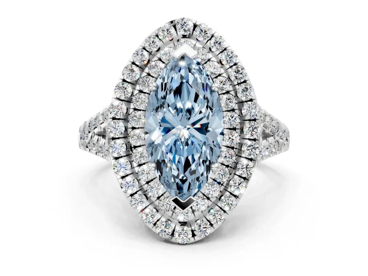 Fancy Blue Double Halo Marquise Cut Diamond Pavé Split Shank Ring with Prong Setting Silver