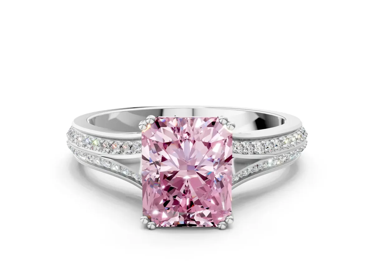 Fancy Pink Radiant Cut Diamond Split Shank Engagement Ring with Pavé Band Platinum