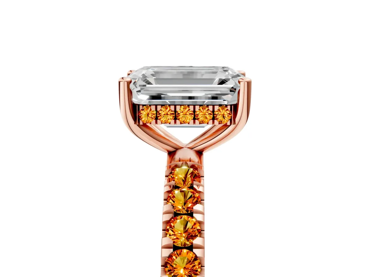 Emerald Cut Diamond Pave Band Solitaire Ring with Round Citrine and Prong Setting Rose gold