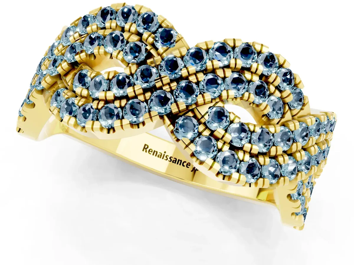 Pavé Round Aquamarine Infinity Twist Band with Shared Prong Setting Yellow gold