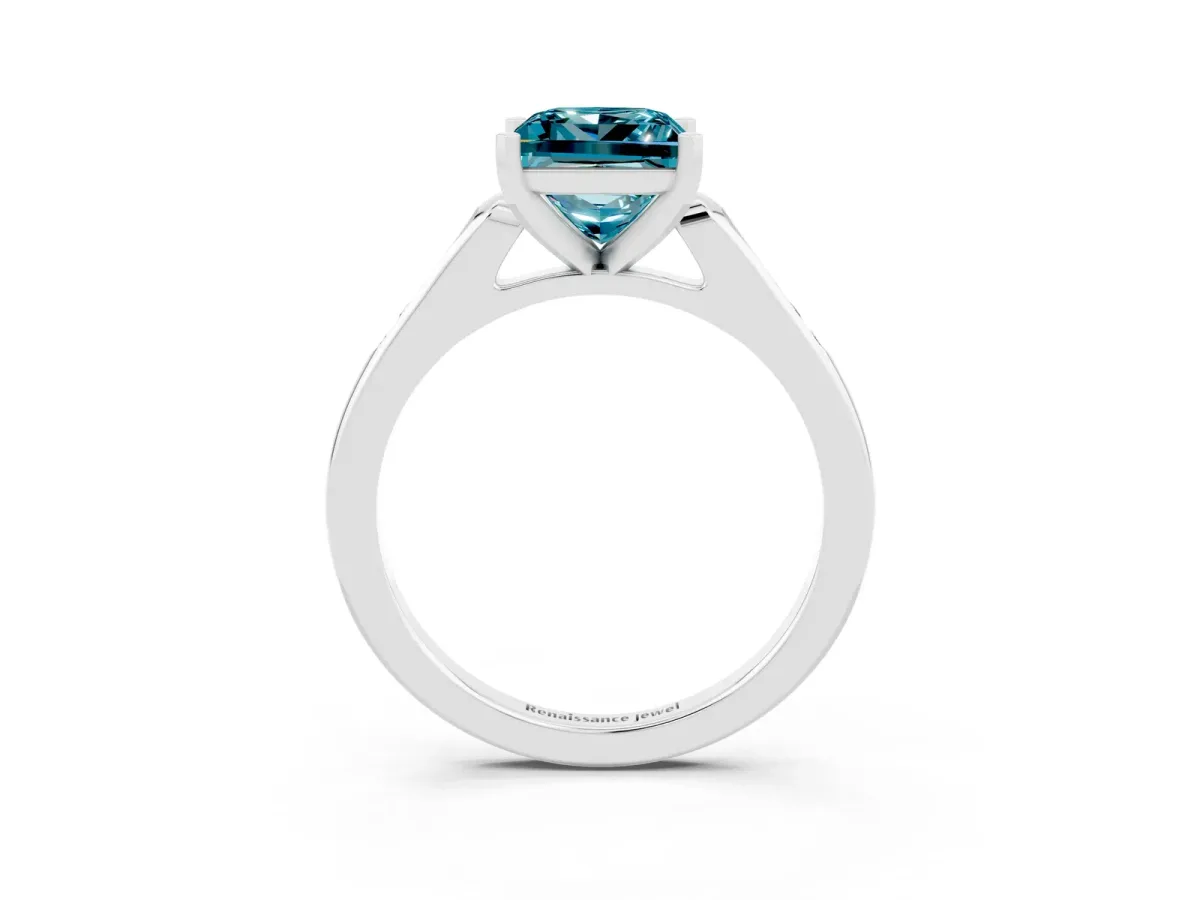 Princess Cut Blue Topaz Solitaire Ring with Channel Set Round Band and Prong Setting Silver