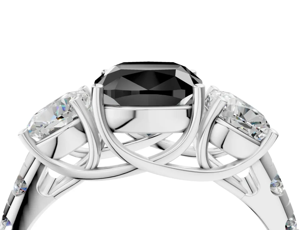 Fancy Black Three-Stone Cushion Cut Diamond Pavé Band with Prong Setting Platinum