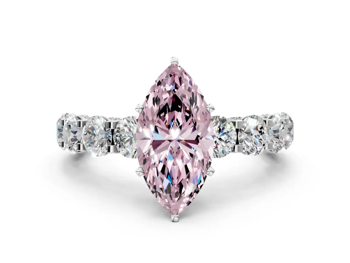 Fancy Pink Marquise Cut Diamond Side Stone Engagement Ring with Four-Prong Setting White gold