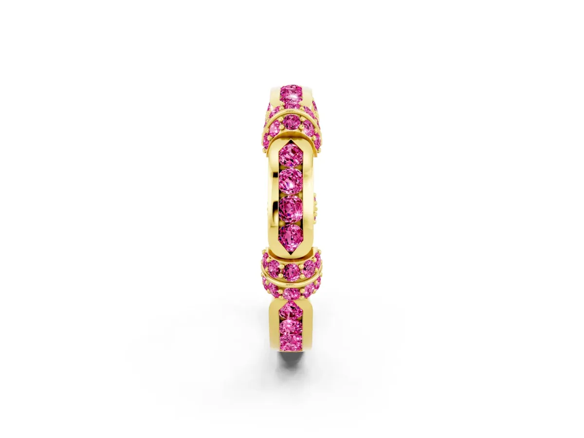 Pavé Round Pink Sapphire Link Band with Bezel Setting Yellow gold