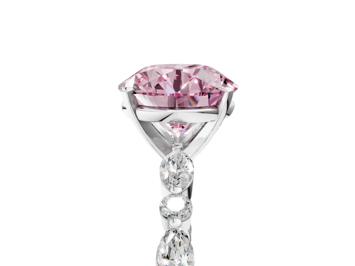 Fancy Pink Round Cut Diamond Ring with Marquise and Round Side Stones and Four-Prong Setting Silver
