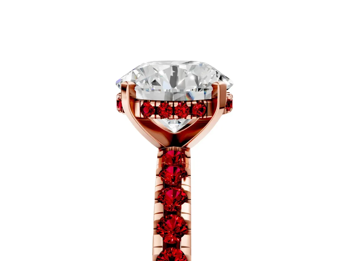 Round Cut Diamond Solitaire Ring with Round Ruby Pavé Band and Four-Prong Setting Rose gold