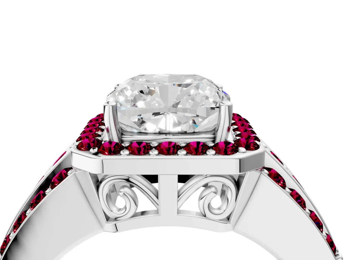 Cushion Cut Halo Diamond Ring with Round Garnet Split Shank and Prong Setting Silver
