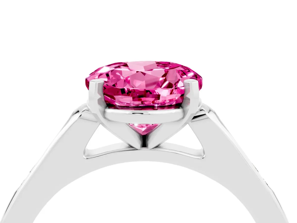 Round Cut Pink Sapphire Solitaire Ring with Channel Set Round Band and Prong Setting Silver