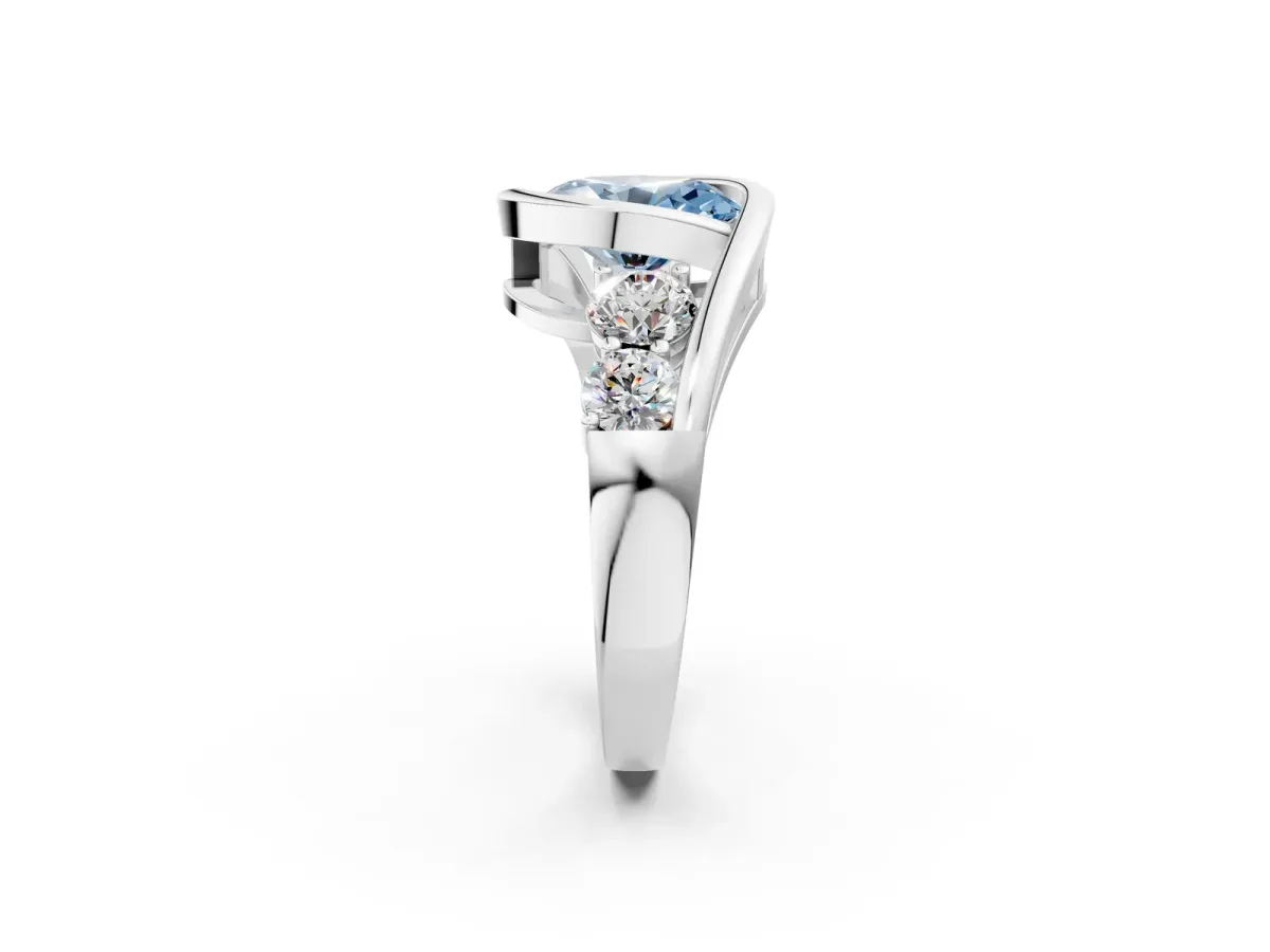 Fancy Blue Bezel Set Oval Cut Diamond Bypass Ring with Round Accents Silver