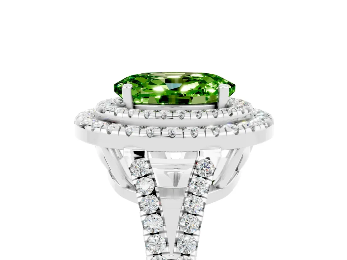 Oval Cut Peridot Double Halo Ring with Pavé Band and Prong Setting Silver
