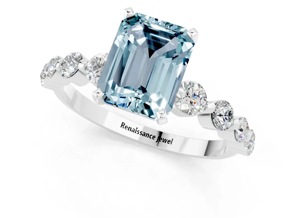 Emerald Cut Solitaire Aquamarine Ring with Pave Band and Four-Prong Setting Silver