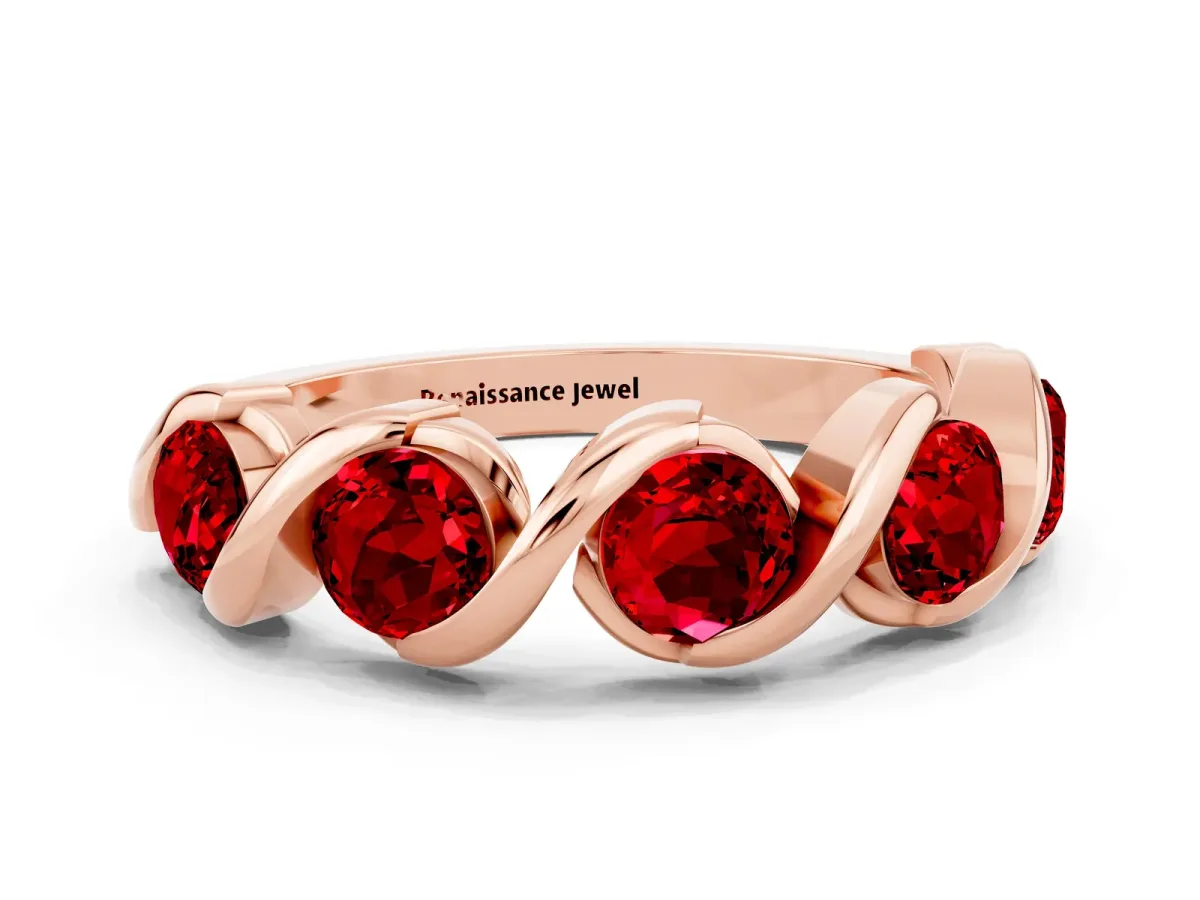 Round Ruby Wave Band with Channel Setting and Shared Prongs Rose gold