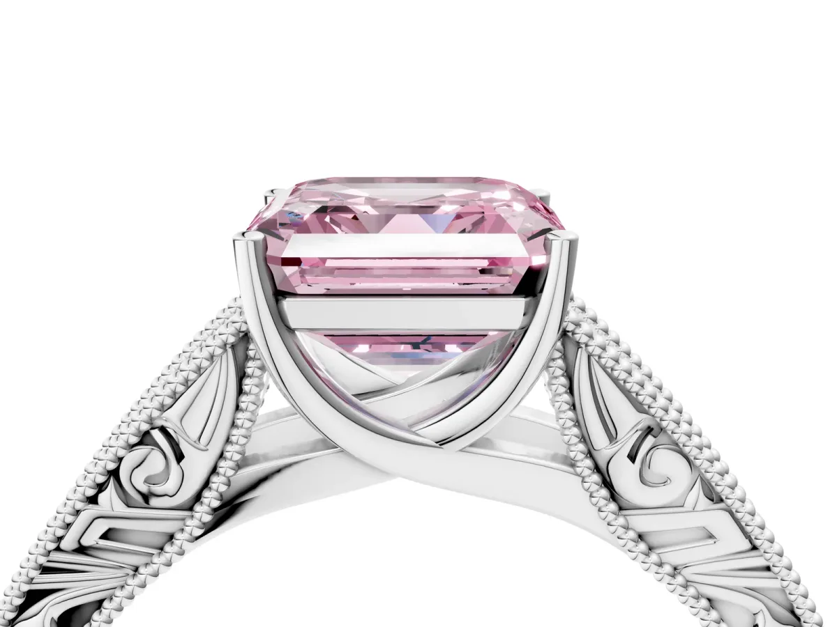 Fancy Pink Asscher Cut Diamond Solitaire Ring with Engraved Band and Four-Prong Setting Platinum