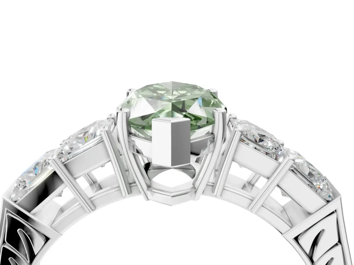 Fancy Green Marquise Cut Solitaire Princess Side Stone Engraved Band Prong Setting Ring Silver