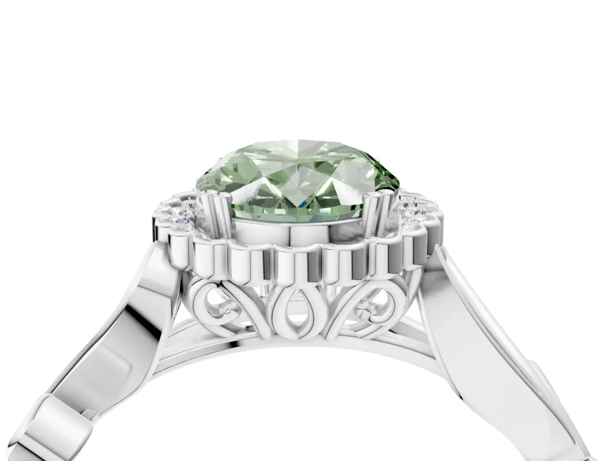 Fancy Green Oval Cut Diamond Halo Ring with Vintage Split Shank and Four-Prong Setting Silver