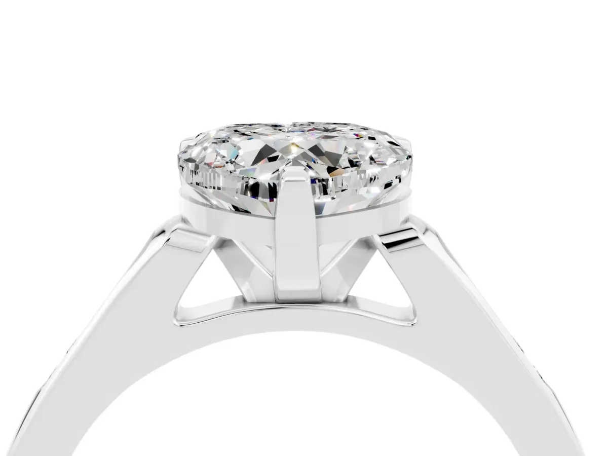 Heart Cut Moissanite Solitaire Ring with Channel Set Round Band and Prong Setting Silver