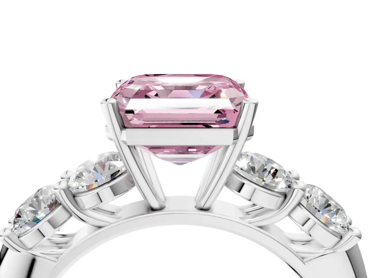 Fancy Pink Asscher Cut Cut Five-Stone Prong Set Diamond Ring with Classic Band Platinum