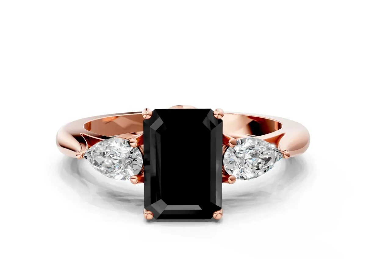 Fancy Black Emerald Cut Diamond Three-Stone Ring with Pear Side Stones and Prong Setting Rose gold