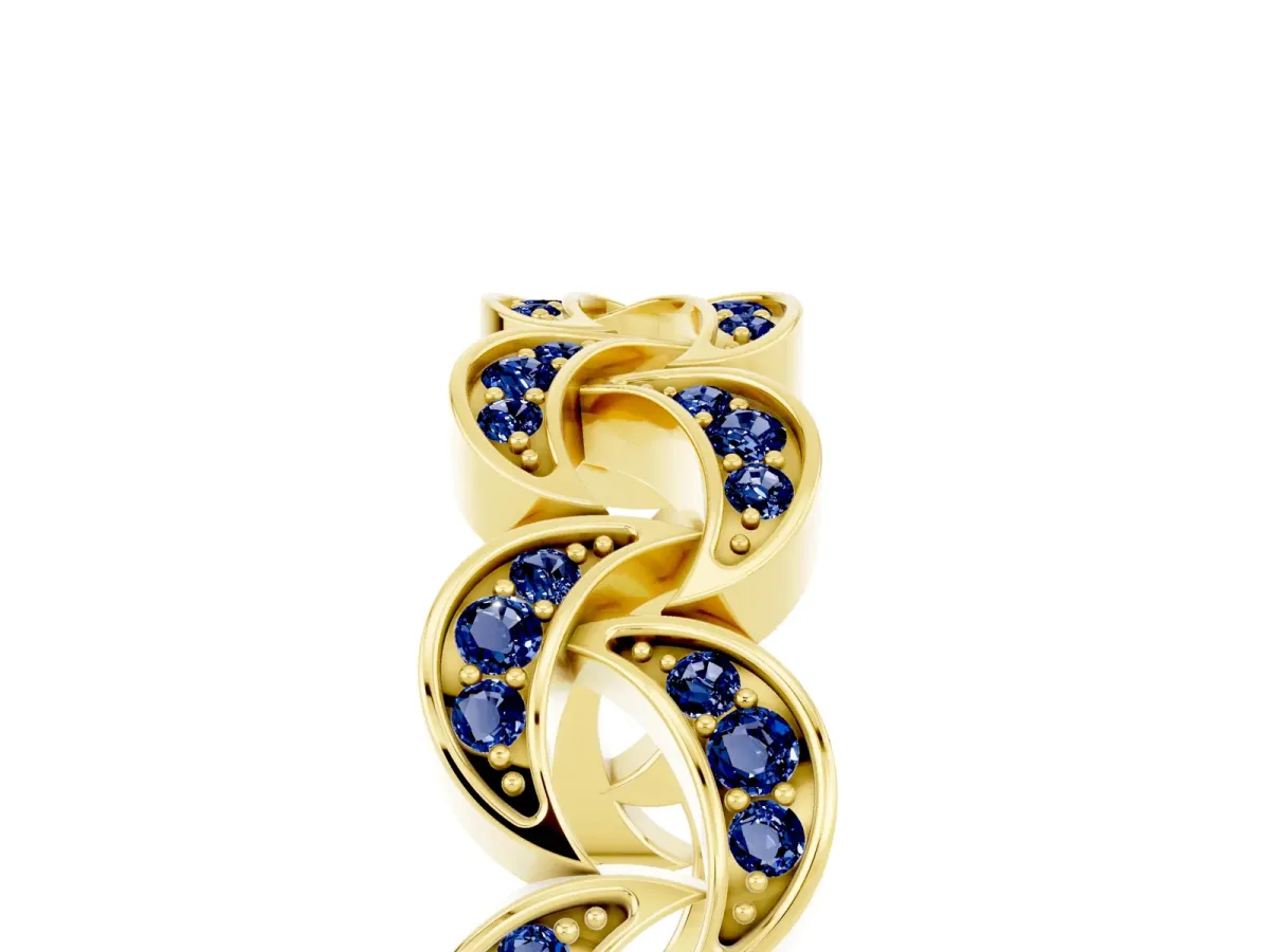 Pavé Round Blue Sapphire Interlocking Eternity Band with Bezel Prong Setting Yellow gold