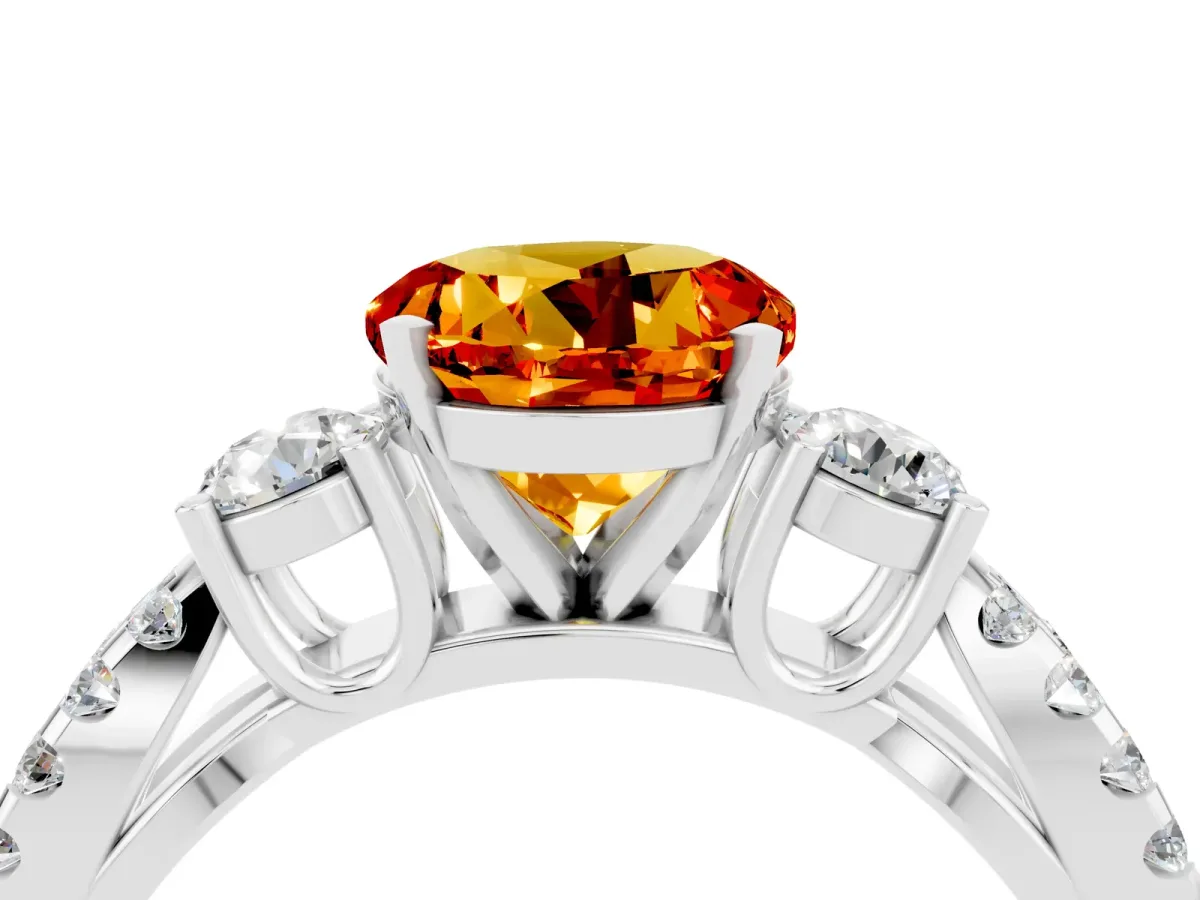 Round Cut Citrine Three-Stone Ring with Pavé Split Shank and Four-Prong Setting Silver