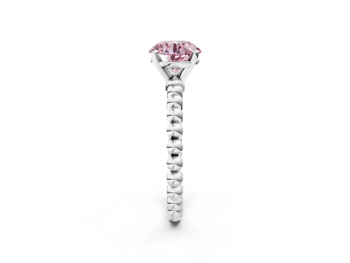 Fancy Pink Round Cut Diamond Solitaire Ring with Beaded Band and Prong Setting Platinum