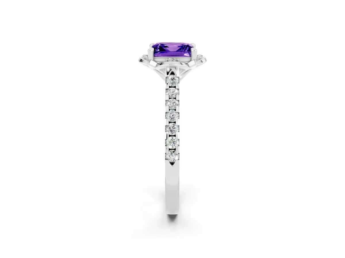 Princess Cut Tanzanite Ring with Pavé Band and Floral Prong Setting Silver