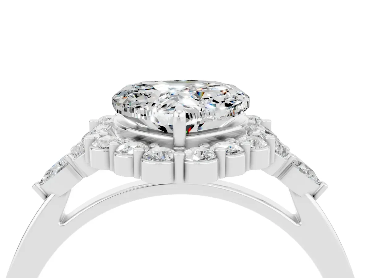 Heart Cut Moissanite Halo Ring with Pear Side Stones and Prong Setting Silver