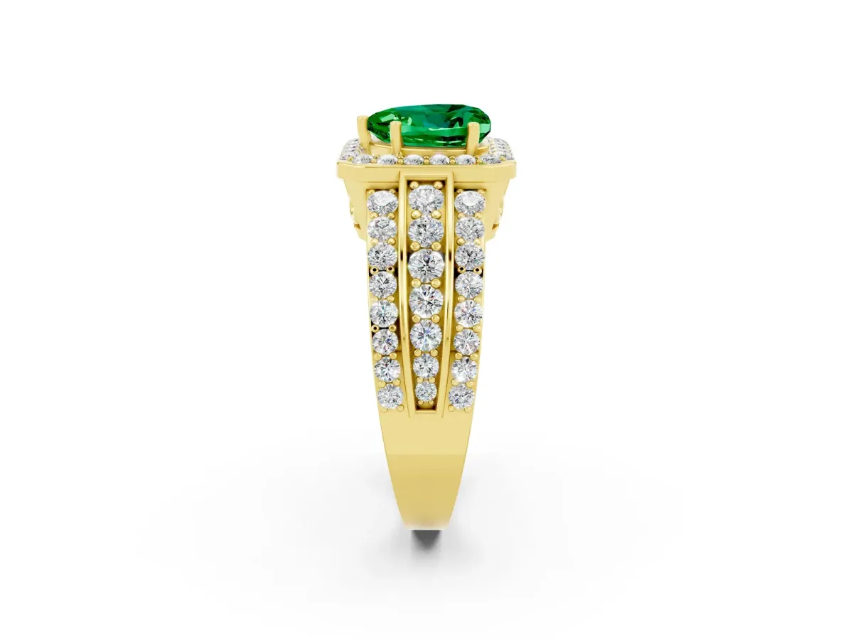 Heart Cut Halo Emerald Ring with Round Split Shank and Prong Setting Yellow gold