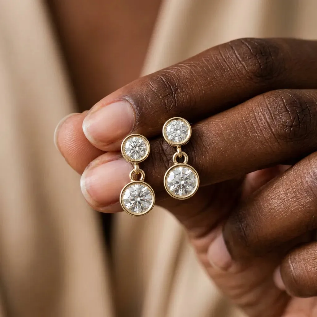 Bezel-Set Round Cut Drop Earrings with Post Back Yellow gold