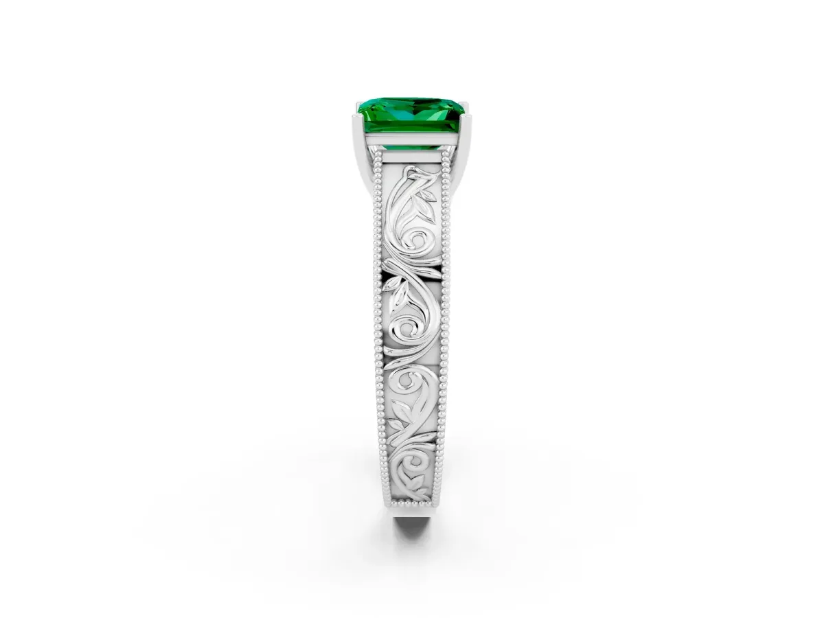Princess Cut Emerald Solitaire Ring with Engraved Band and Four-Prong Setting White gold