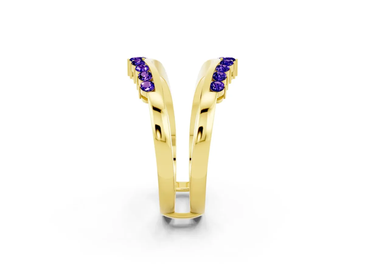Round Tanzanite Chevron Contour Band with Prong Setting Yellow gold