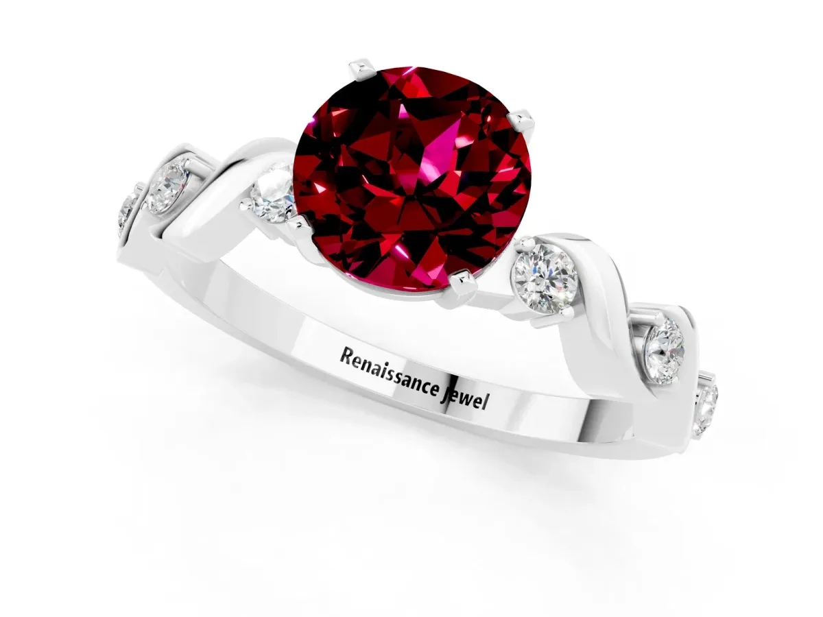 Round Cut Garnet Solitaire Twisted Band with Round Accents and Prong Setting Silver