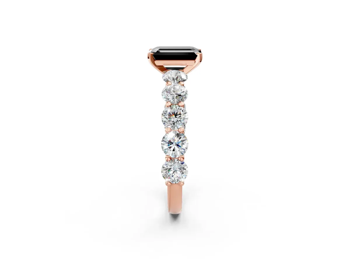 Fancy Black Emerald Cut Diamond Prong Setting with Side Stones on a Pave Band Rose gold