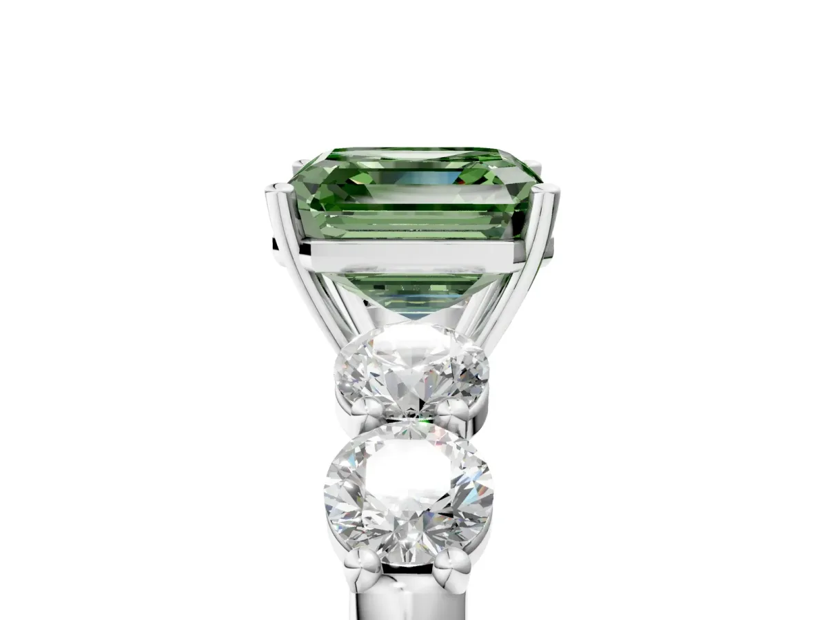 Fancy Green Asscher Cut Cut Five-Stone Prong Set Diamond Ring with Classic Band Platinum