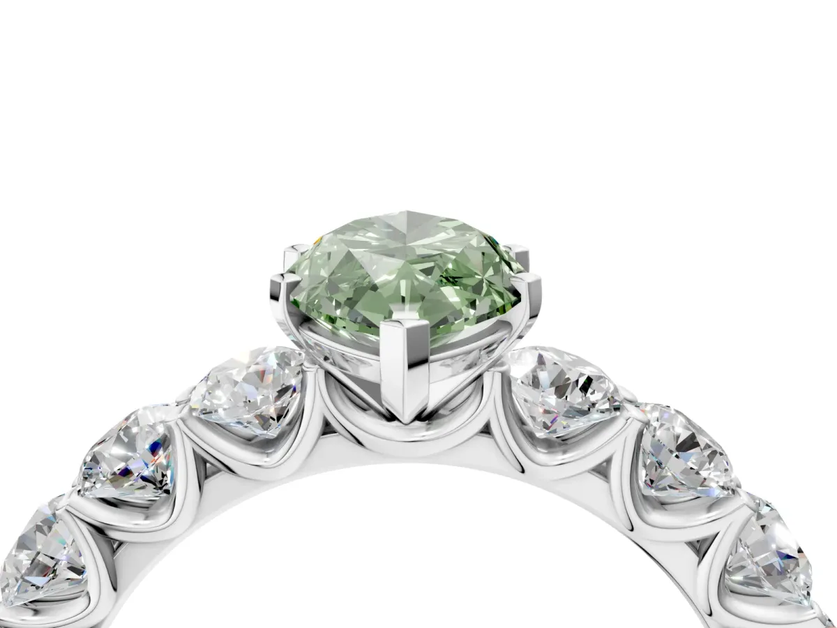 Fancy Green Marquise Cut Diamond Prong Setting with Side Stones on a Pave Band Silver