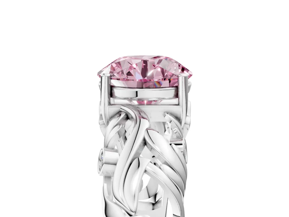 Fancy Pink Round Cut Solitaire Diamond Leaf-Inspired Vine Band Ring with Prong Setting Silver