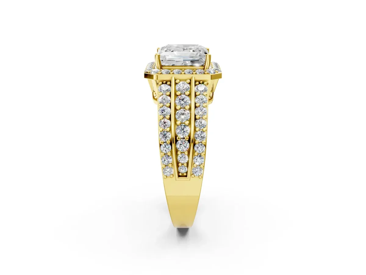 Princess Cut Halo Diamond Ring with Round Split Shank and Prong Setting Yellow gold