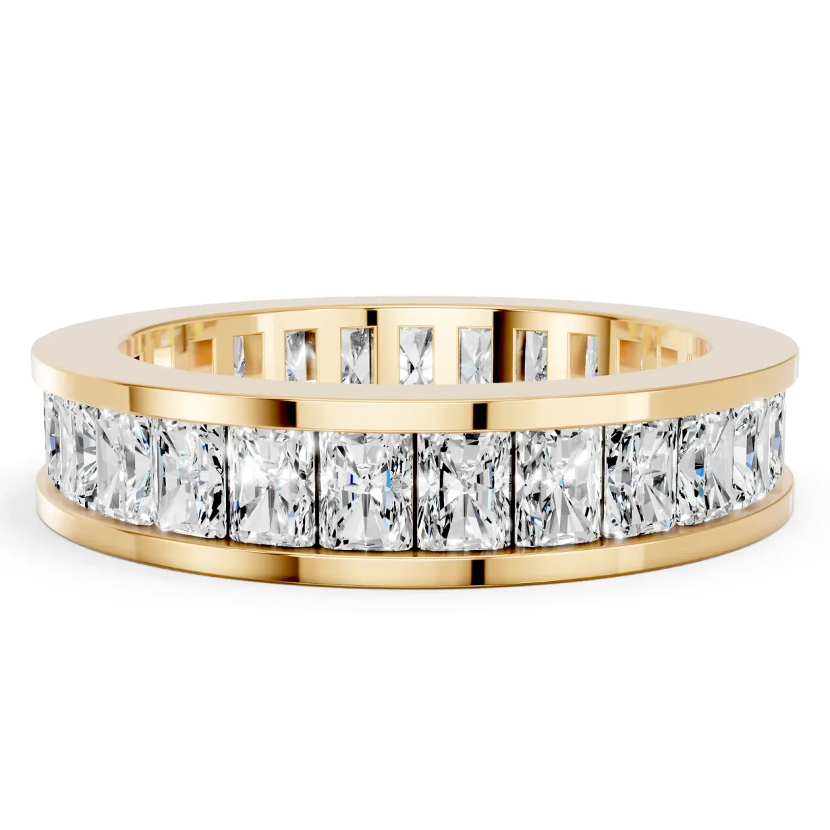 radiant Cut eternity band with channel set Yellow gold