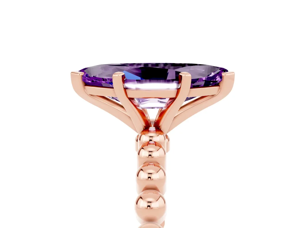 Marquise Cut Amethyst Solitaire Ring with Beaded Band and Prong Setting Rose gold