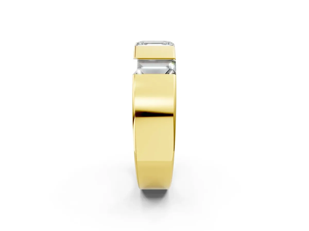 Emerald Cut Diamond Three-Stone Mens Ring with Baguette Side Stones Yellow gold