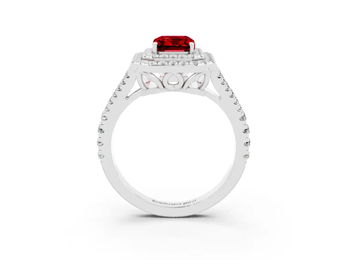 Emerald Cut Ruby Double Halo Ring with Pavé Band and Prong Setting White gold
