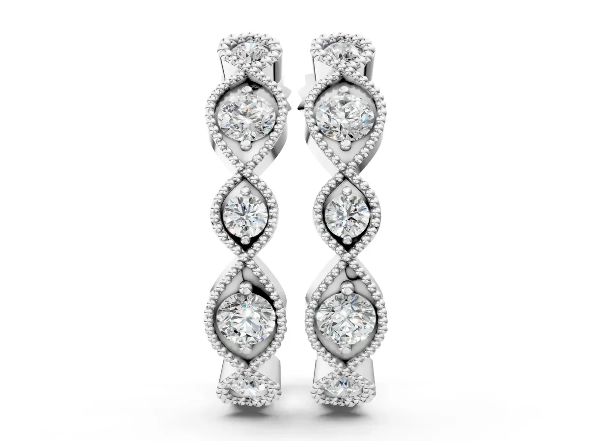 Milgrain Marquise Diamond Hoop Earrings with Bezel Setting White gold