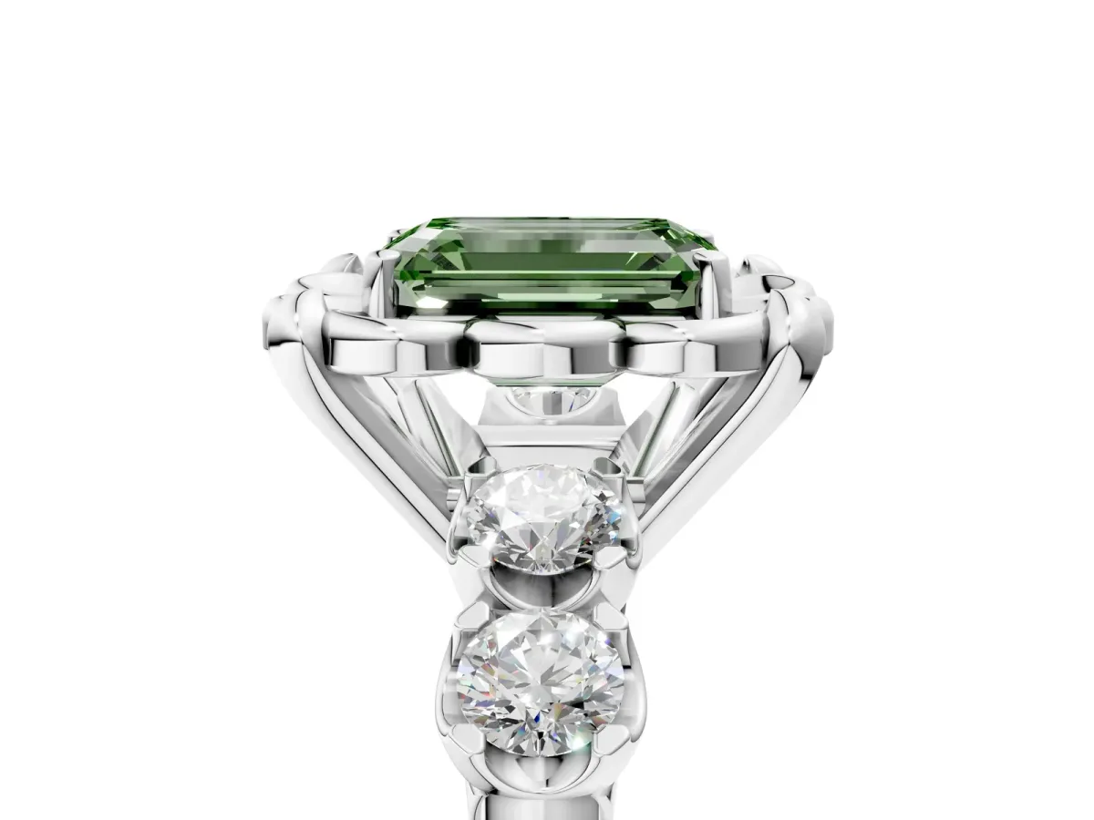Fancy Green Emerald Cut Cut Diamond Floral Halo Engagement Ring with Shared Prong Setting Silver