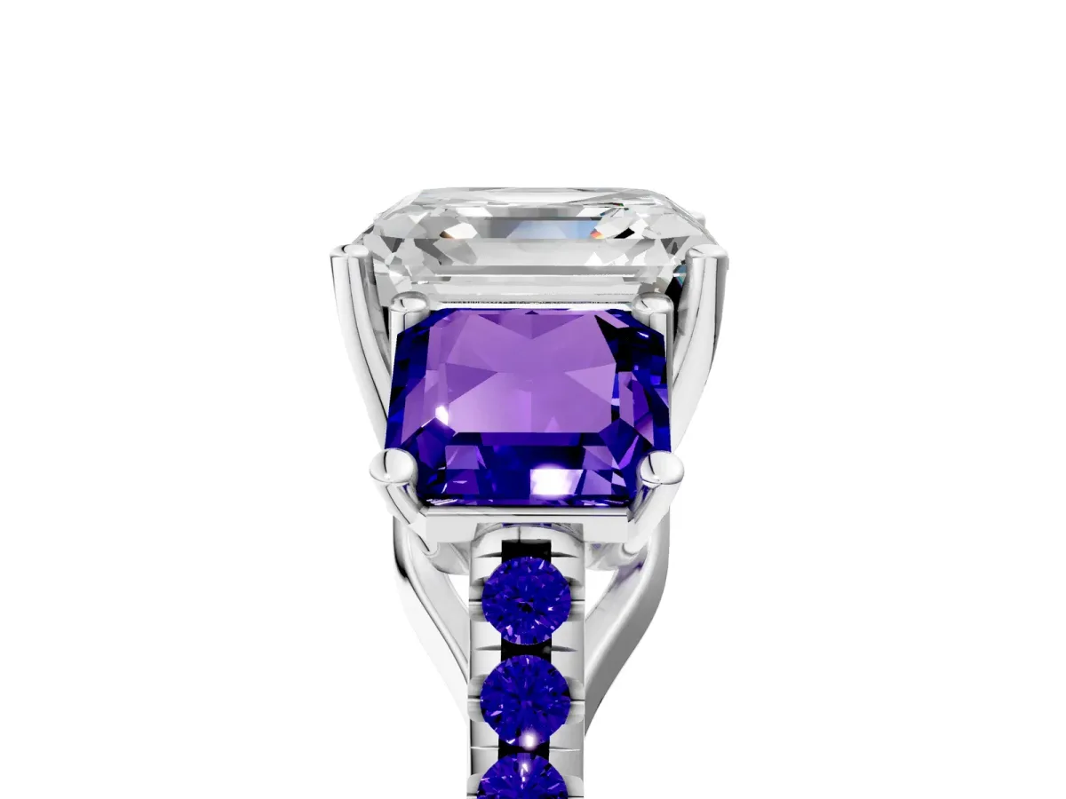 Three-Stone Asscher Cut Diamond Ring with Round Tanzanite Pavé Band and Prong Setting Silver