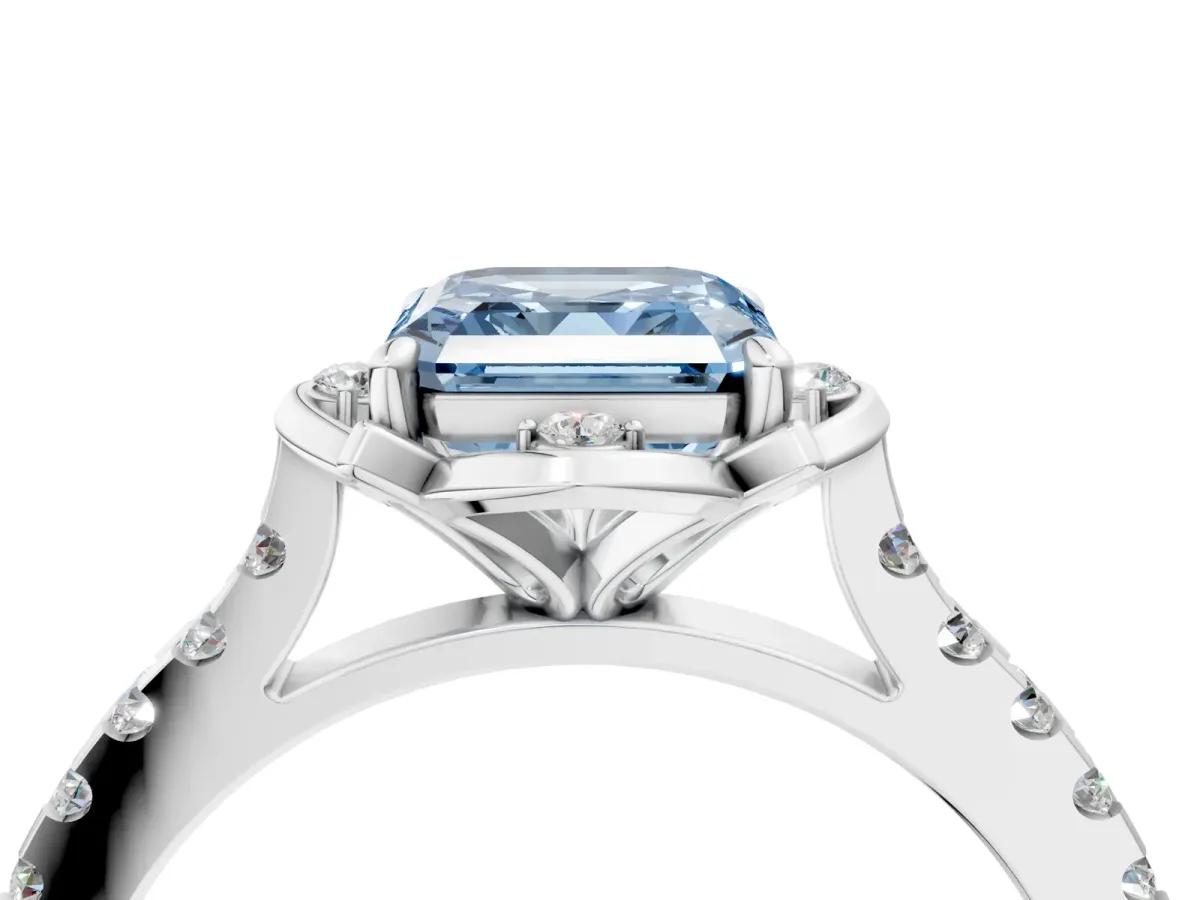 Fancy Blue Asscher Cut Diamond Ring with Pavé Band and Floral Prong Setting Platinum
