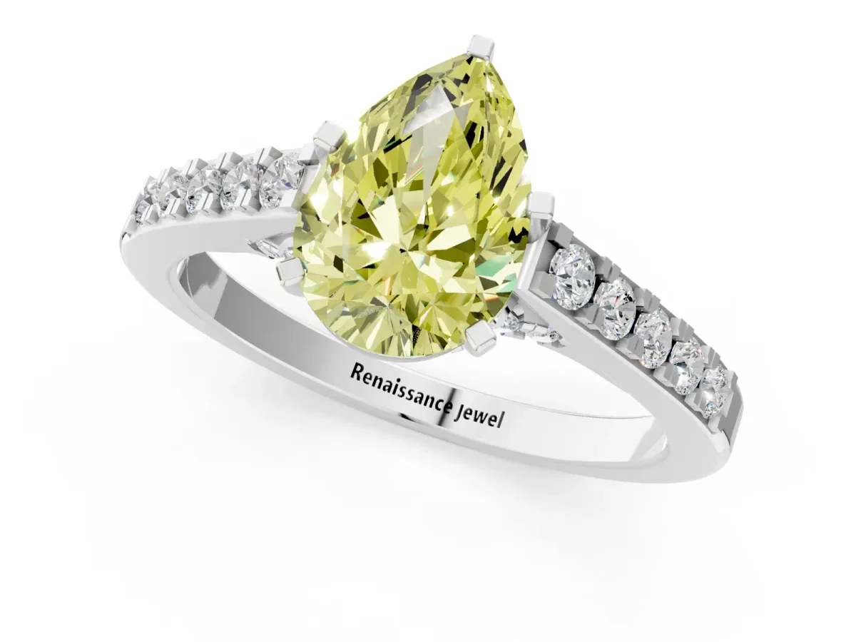 Fancy Yellow Pear Cut Diamond Solitaire Ring with Crossover Gallery and Round Pavé Band Silver